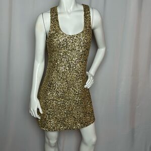 Alice + Olivia Gold Sequin Scoop Neck Mini Dress Lined Sz S